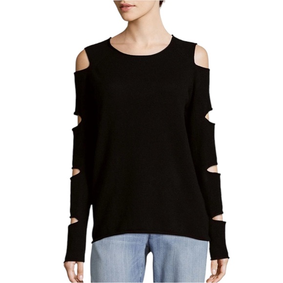 New AQUA Cashmere Black Slash Sleeves Crewneck Sweater Sz S Grunge Gothcore NWT - Picture 1 of 13